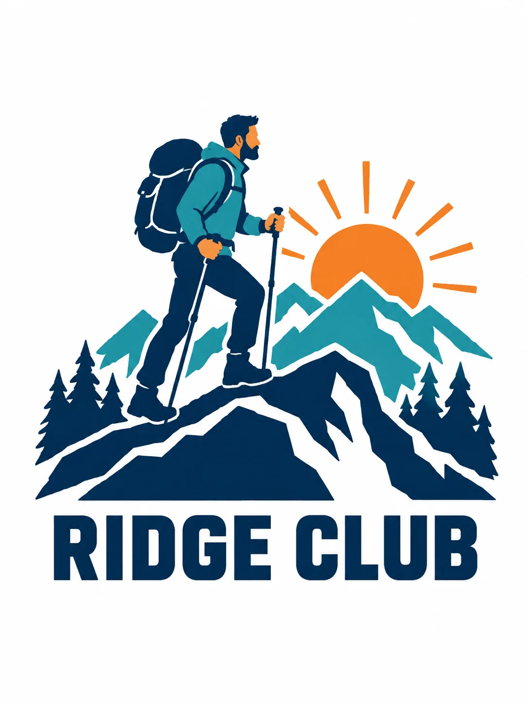 Navy, teal, and orange hiking graphic with trees, trekking poles, and correctly spelled RIDGE CLUB lettering