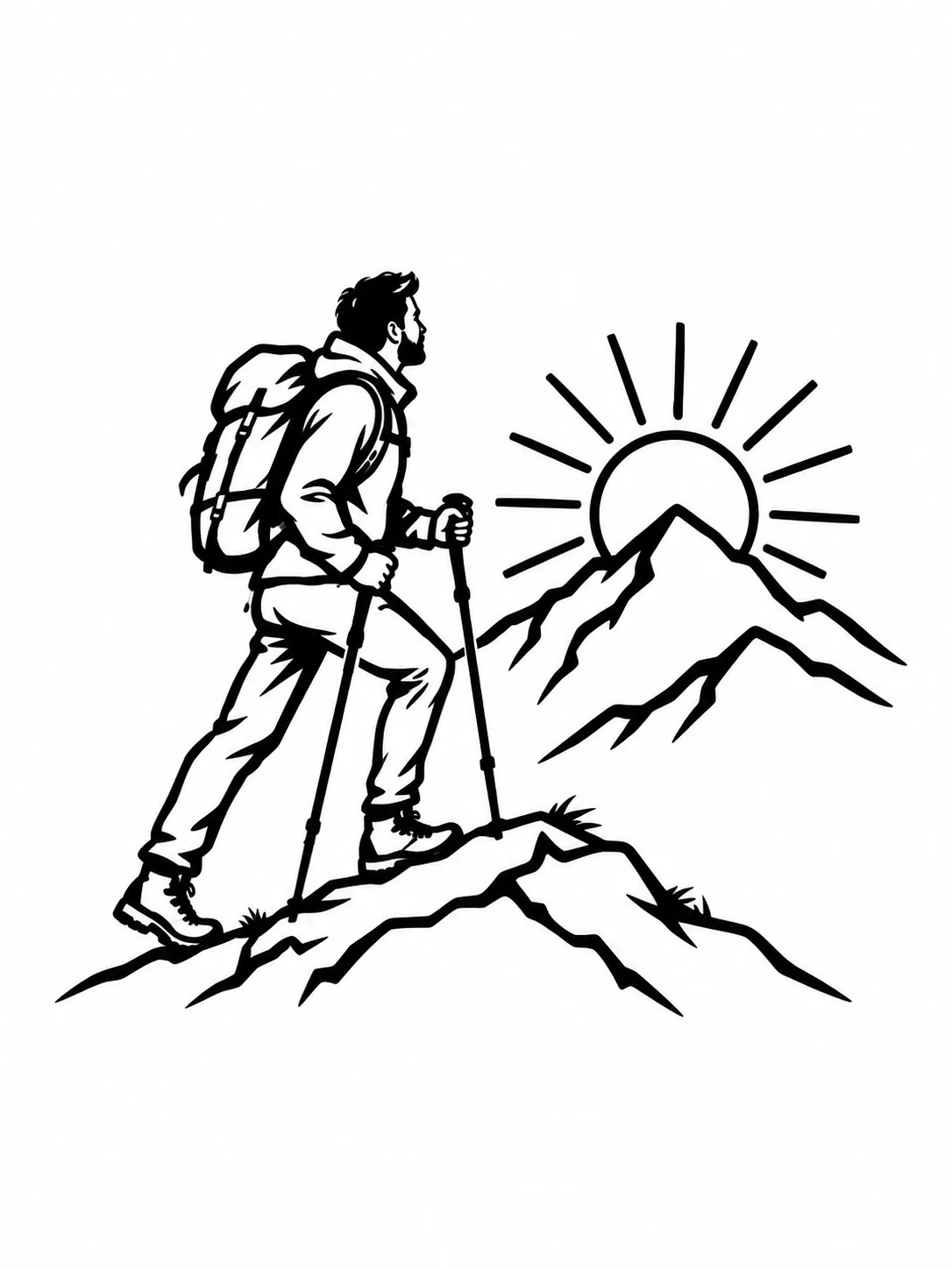 Black outline hiking graphic with a backpacked hiker, trekking poles, mountains, and a sun on white