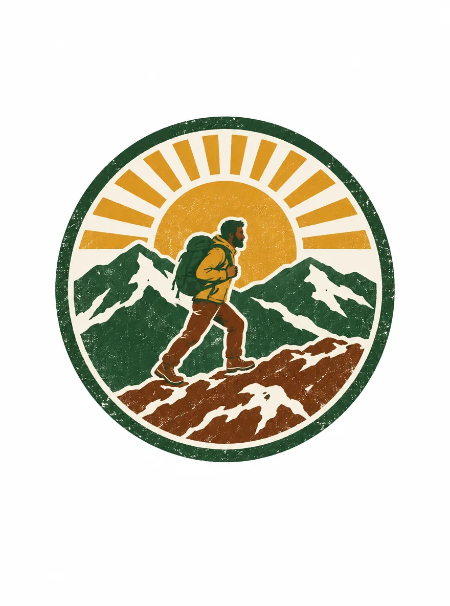 Round green, ochre, and brown hiking badge with a small hiker, mountain scenery, and cream interior spaces