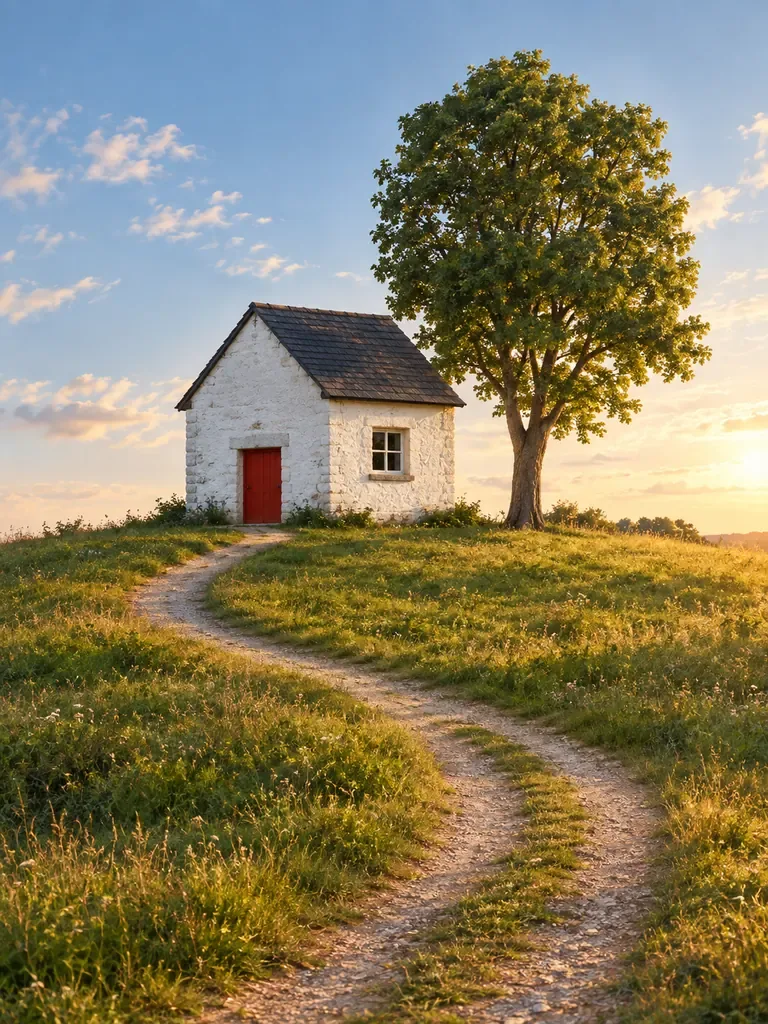 White stone cottage with a red front door, dark tiled roof, side window, tree, and curved path in warm sunlight