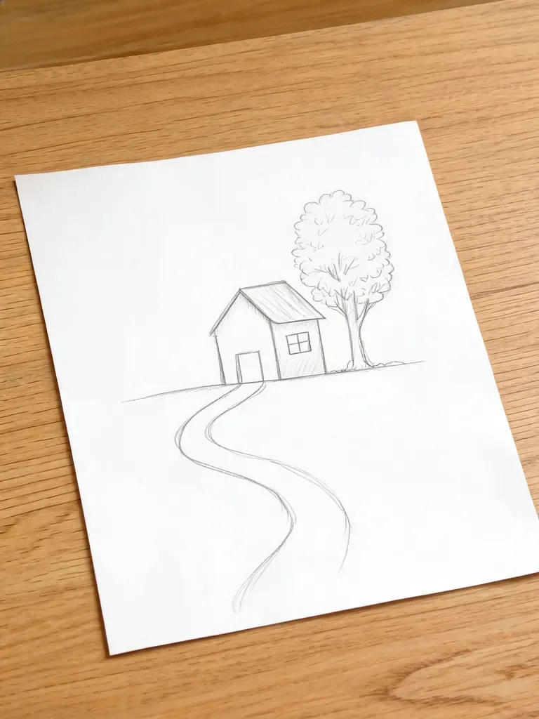Pencil drawing on paper of a pitched-roof house with a front doorway, side window, tree, and winding path