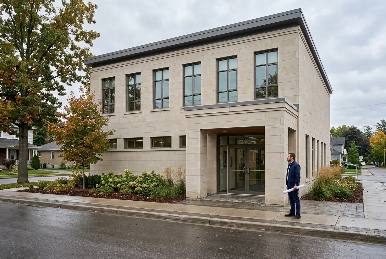 Library reference edited to pale stone, with six upper windows and the man beside the recessed entrance