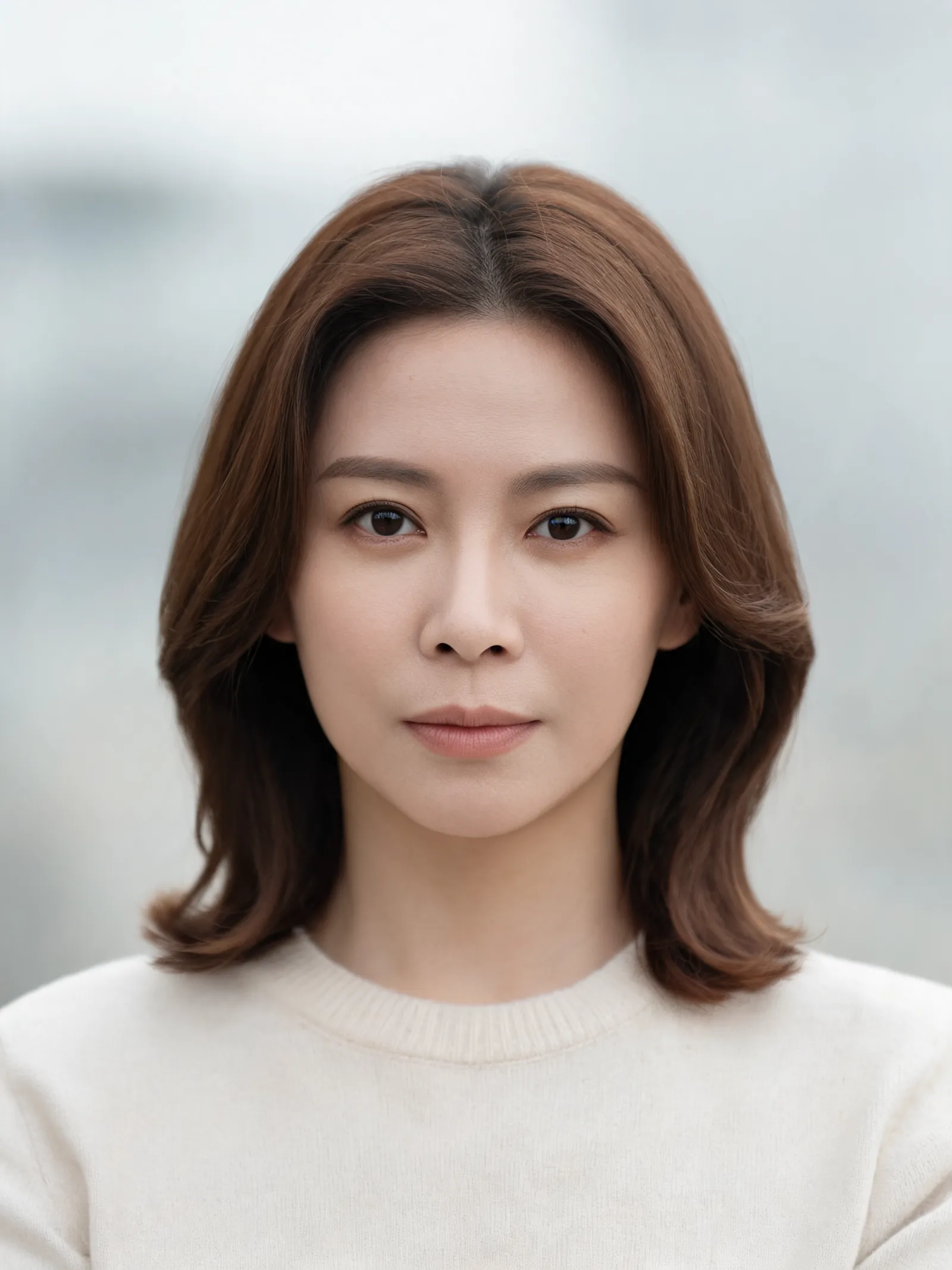Fictional reference portrait for Nano Banana prompts: woman with brown hair and a cream crew-neck sweater