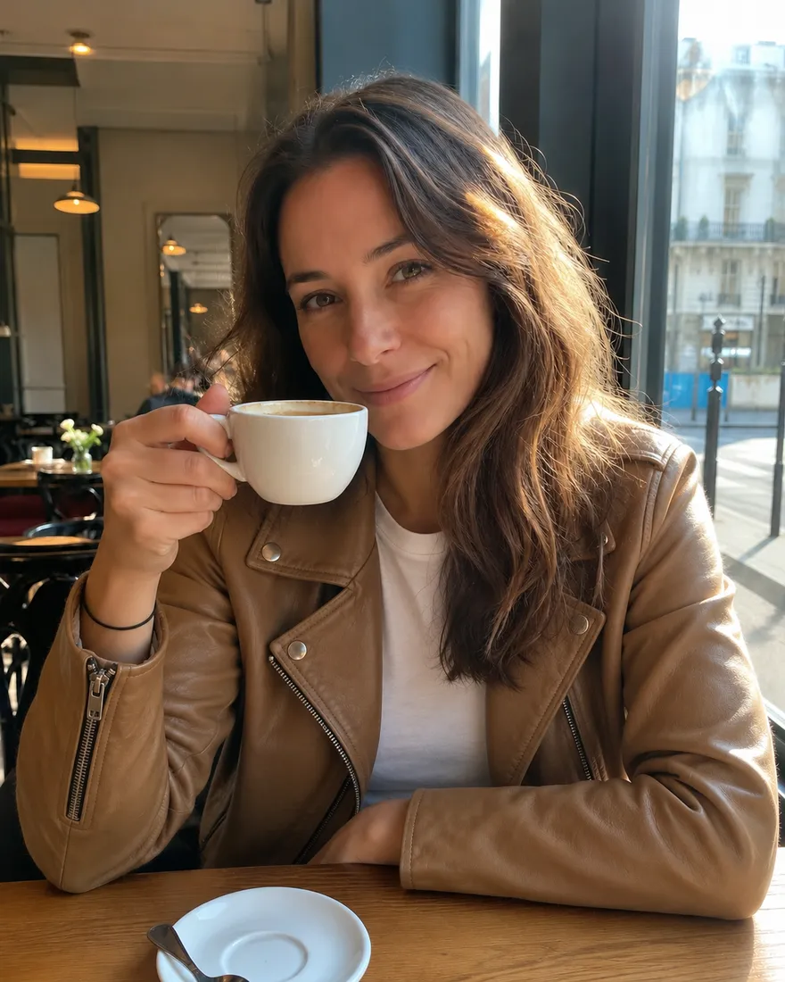 The same café photo edited so she wears a black leather jacket