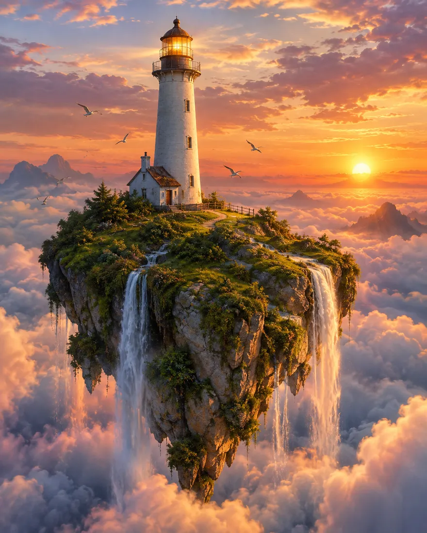 AI generated fantasy lighthouse on a floating island at sunset