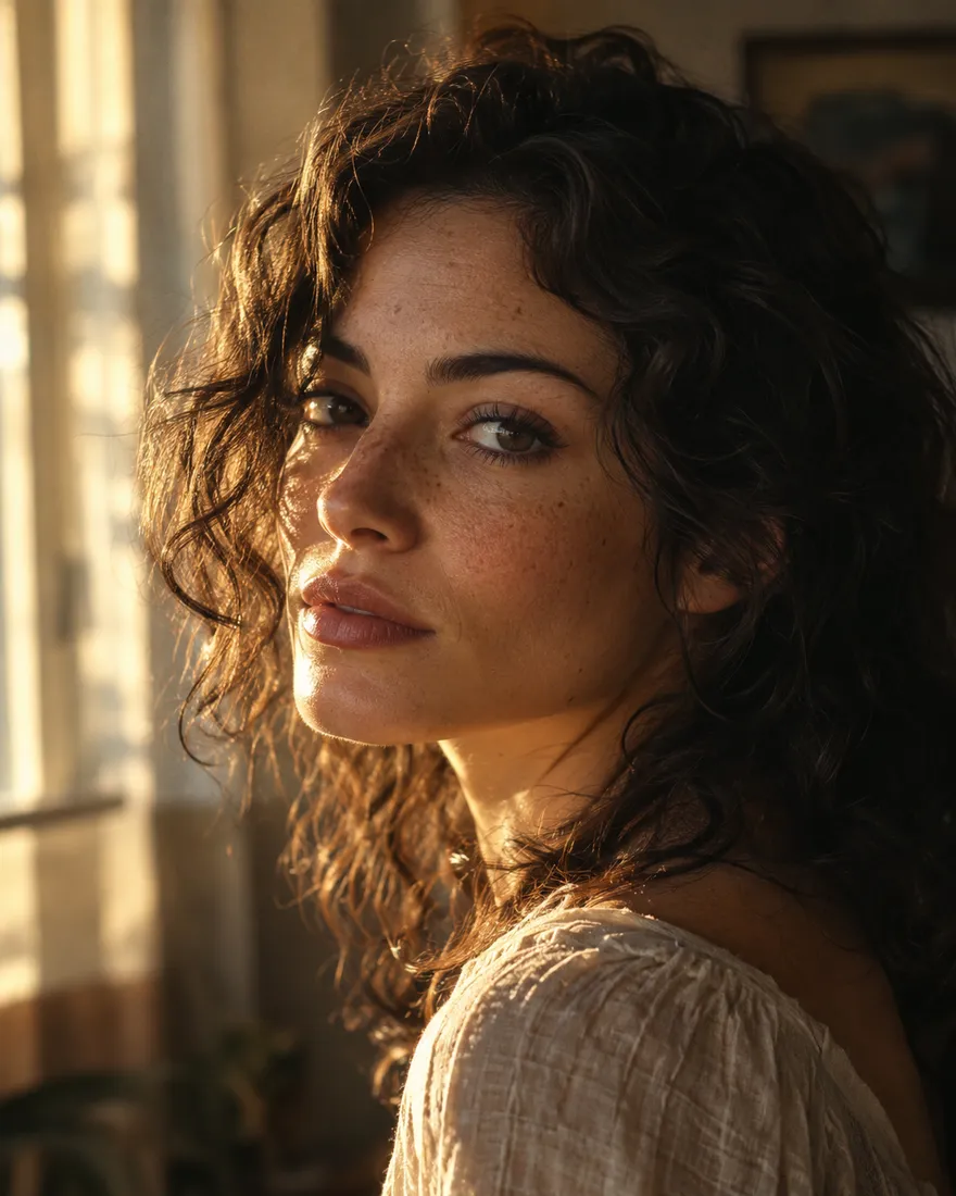 AI generated golden hour portrait of a woman with freckles, shot on an 85mm lens