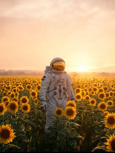 AI generated photo of an astronaut in a sunflower field