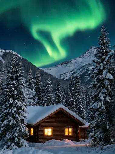 AI generated photo of a snowy cabin under the northern lights