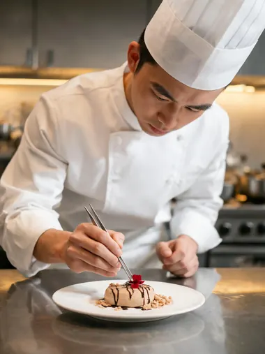 AI generated photo of a chef plating a dessert