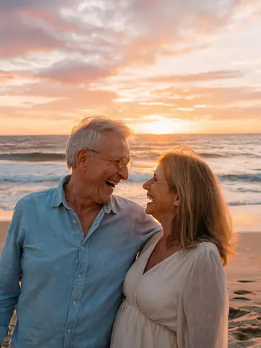 AI generated photo of an older couple laughing on a beach at sunset