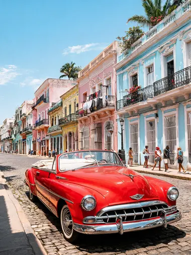 AI generated photo of a vintage red car on a pastel street