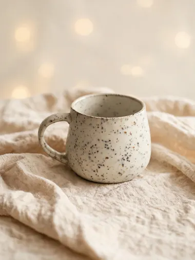 AI generated product photo of a speckled ceramic mug on linen