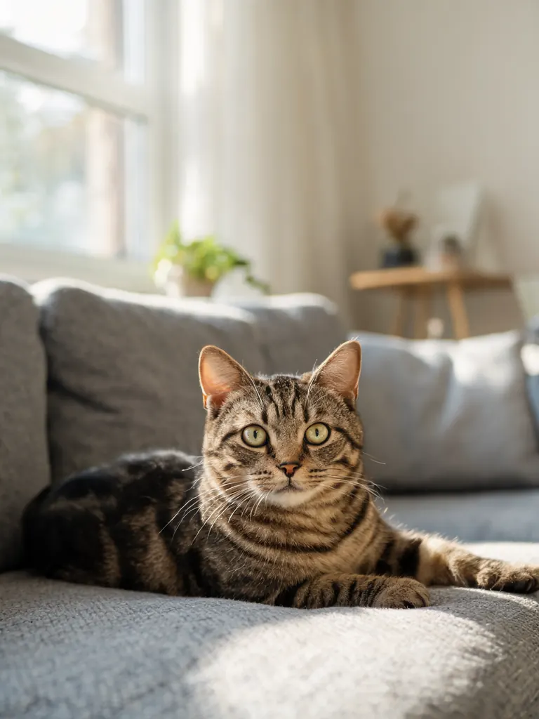 Original photo of a tabby cat lying on a gray sofa