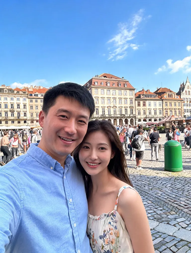 Original travel photo of a couple in a crowded plaza