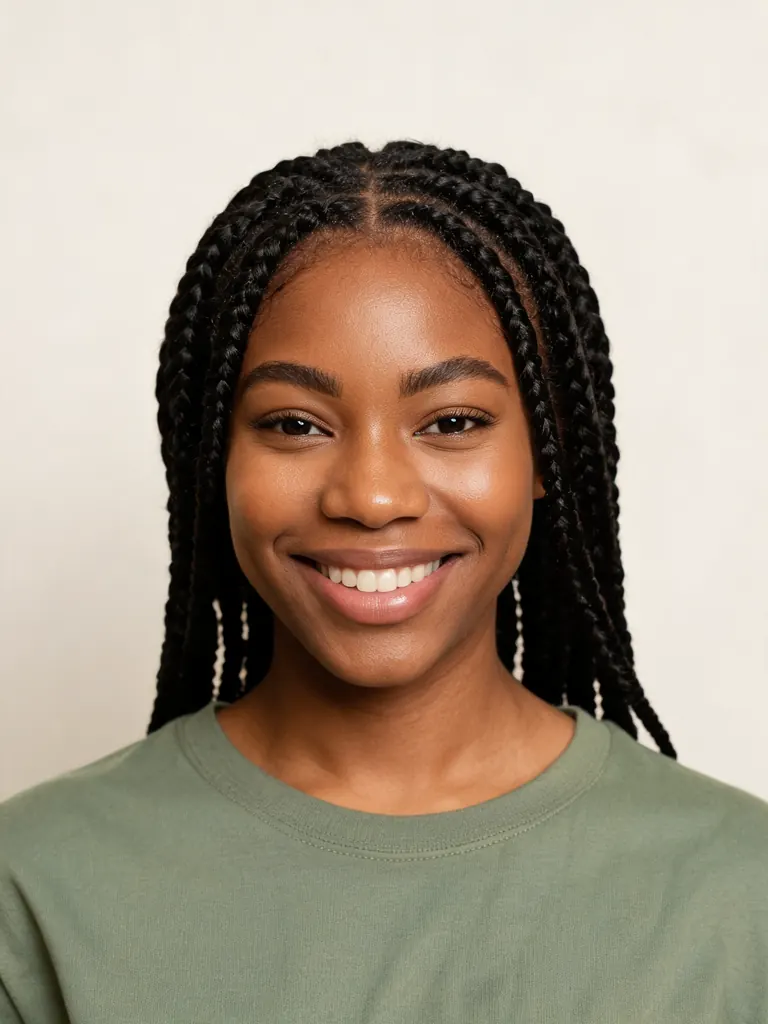 Original photo of a woman in a casual top against a plain background