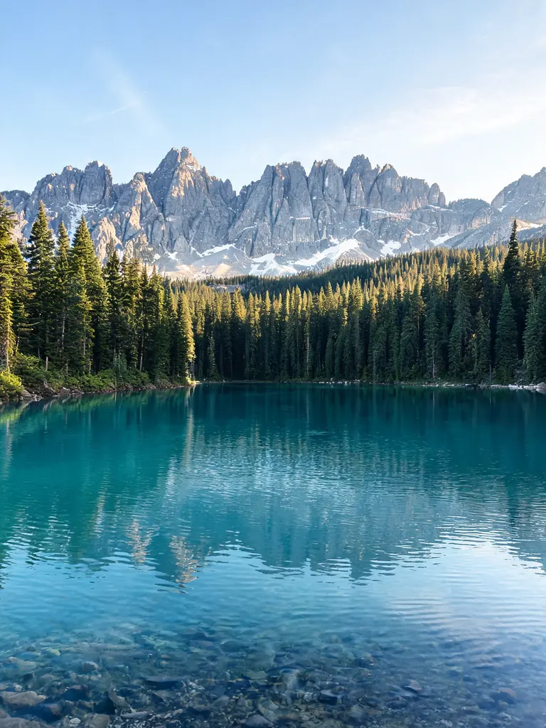 Original travel photo of a turquoise mountain lake with pine trees in summer