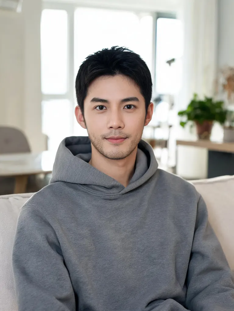 Original photo of a man in a gray hoodie sitting on a sofa at home