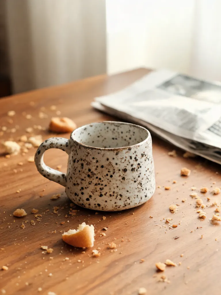 Original phone photo of a speckled ceramic mug on a cluttered table