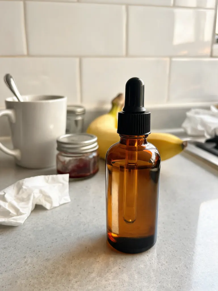 Original phone photo of an amber serum bottle on a cluttered kitchen counter