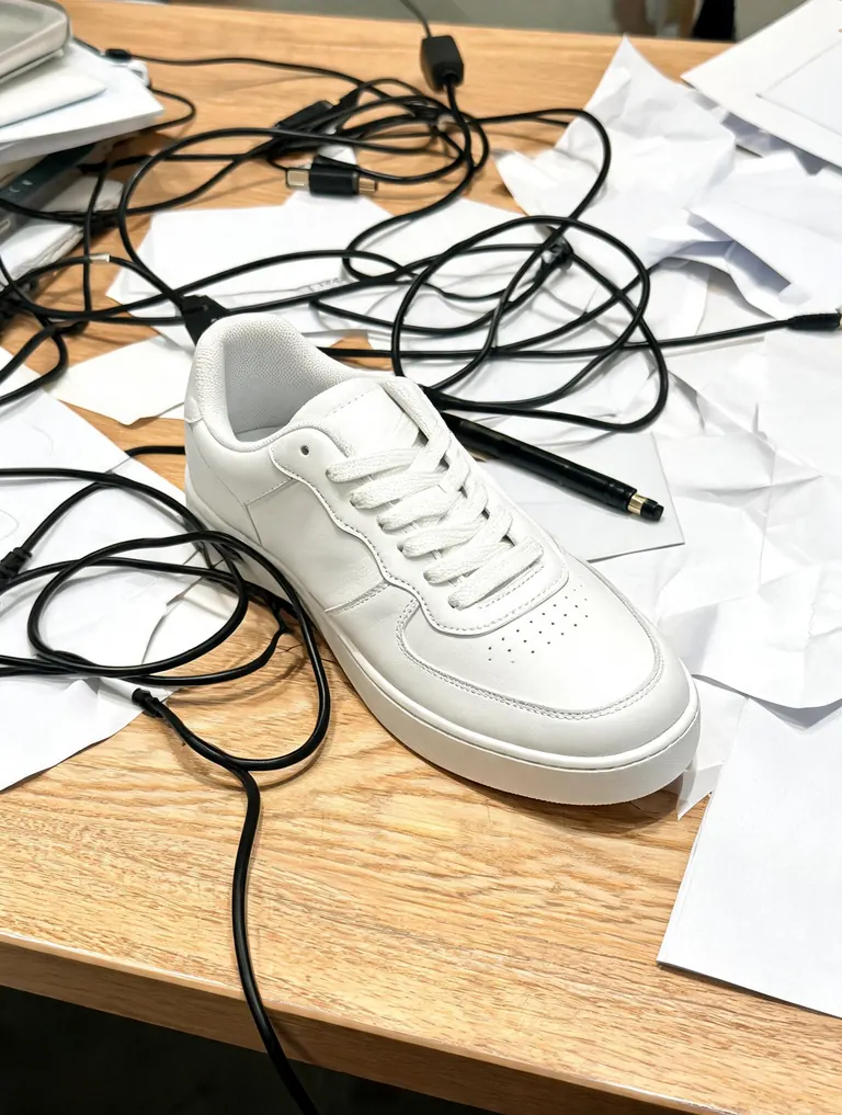 Original phone photo of a white sneaker on a messy wooden desk