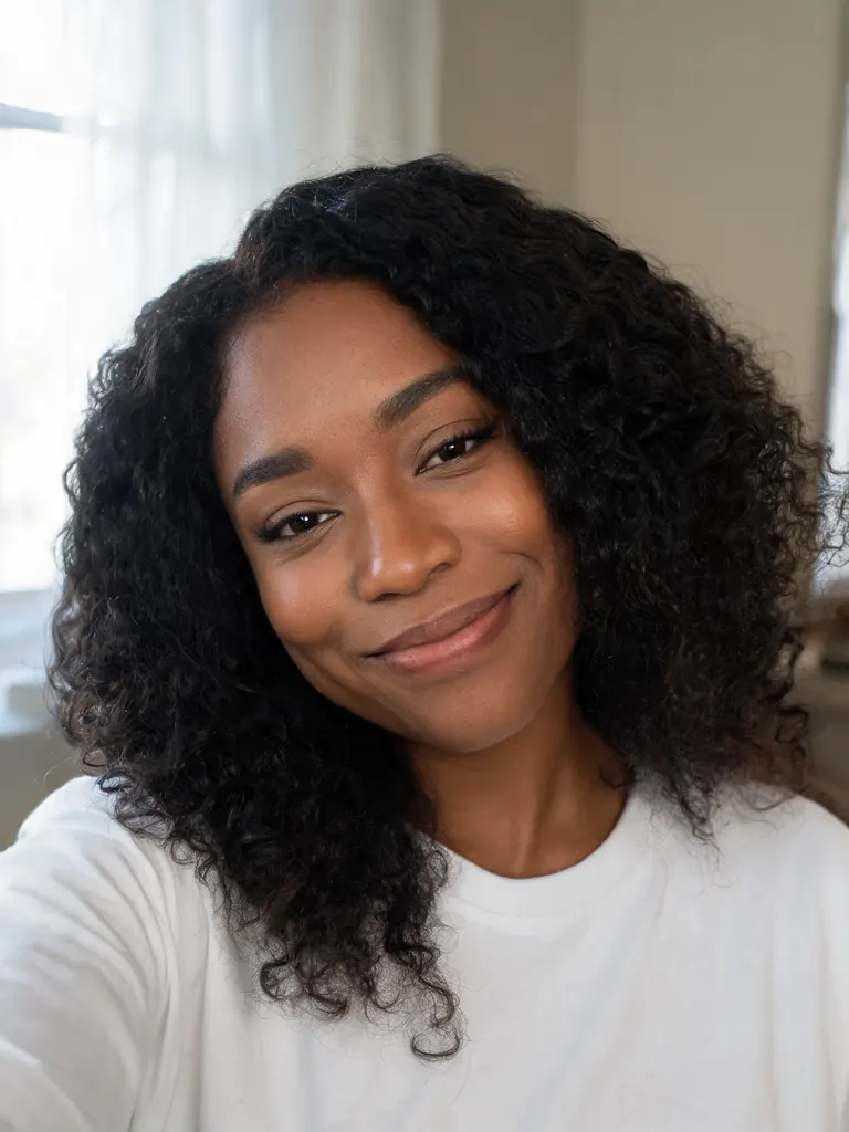 Original home selfie of a woman with curly hair in a white T-shirt
