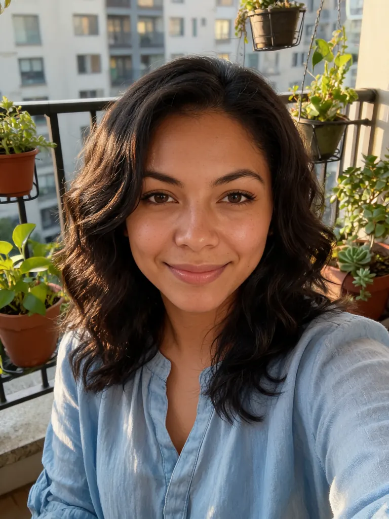 Original balcony selfie of a woman in a casual blouse in afternoon light