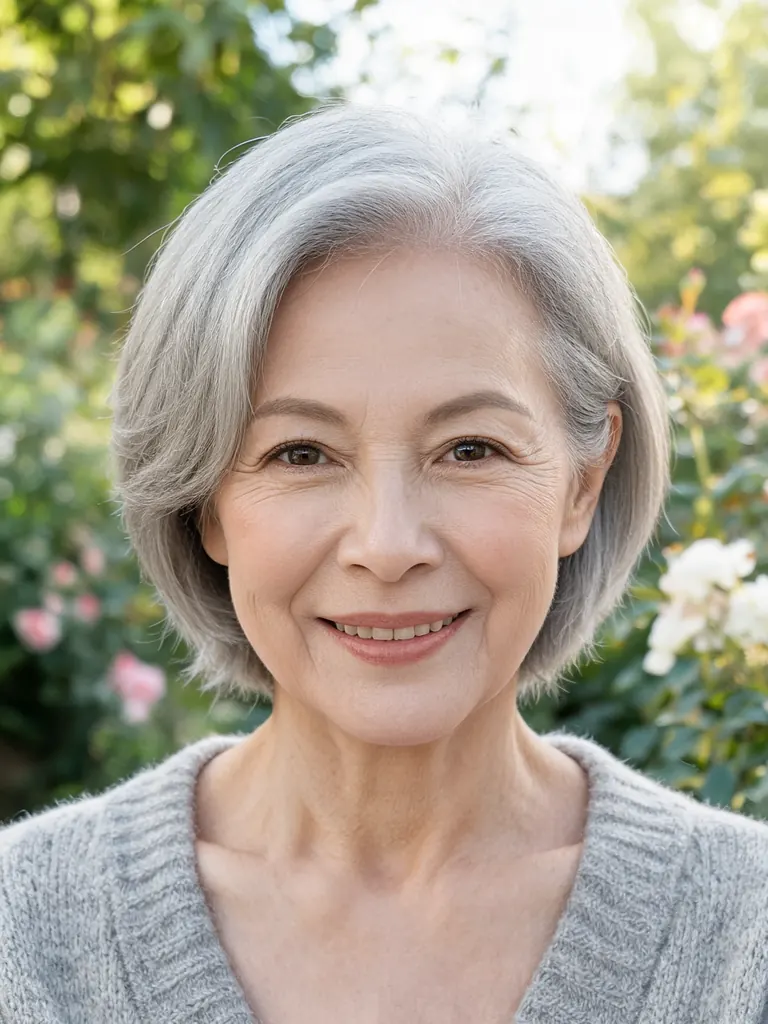 Original garden photo of an older woman with short gray hair in a cardigan