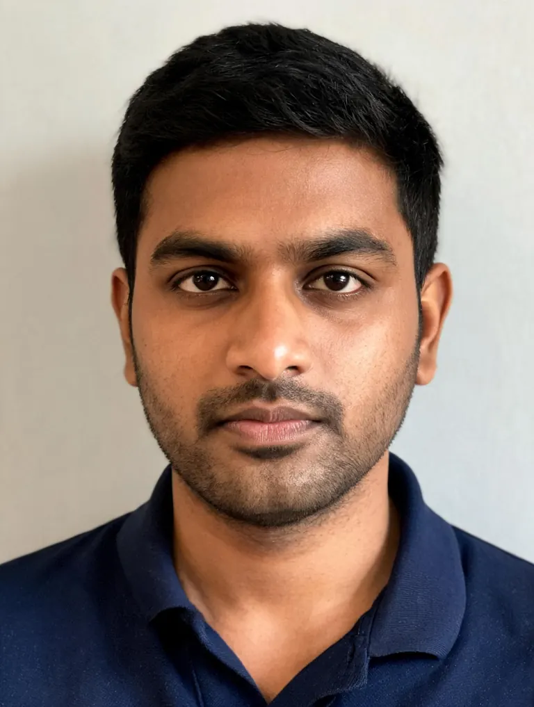 Original indoor photo of a man in a navy polo shirt against a plain wall