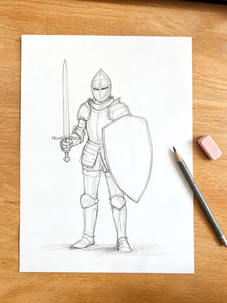 Phone photo of a rough pencil sketch of a knight with a sword and shield