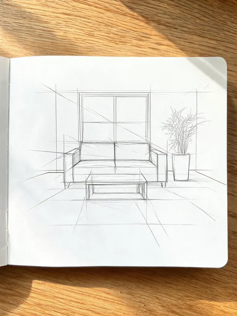 Phone photo of a rough pencil perspective sketch of a living room