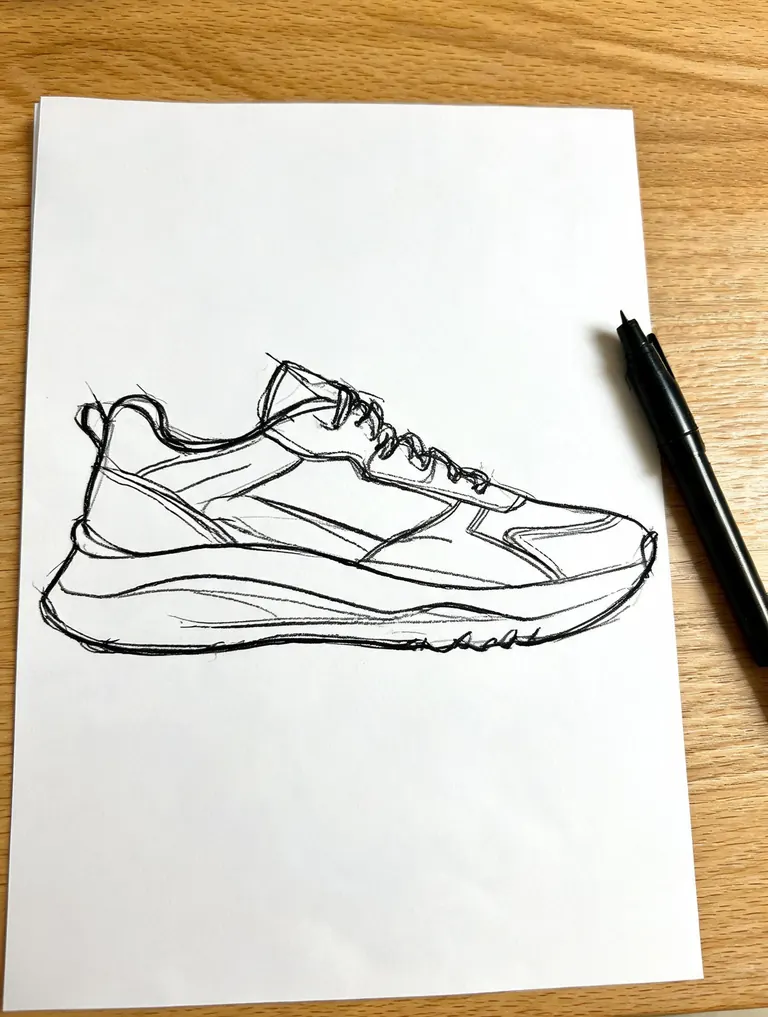 Phone photo of a rough black marker sketch of a sneaker, side view