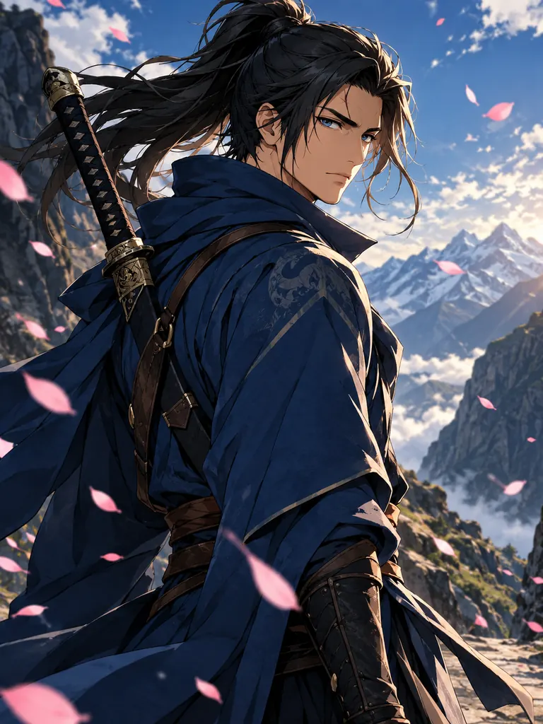 Anime character art of an adult swordsman in a blue travel coat in a windy mountain pass