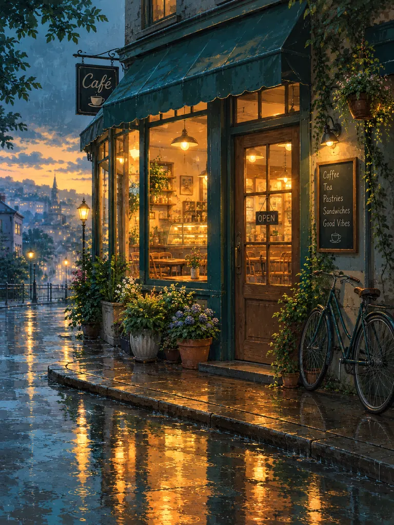 Hand-painted anime background of a small corner café on a rainy evening