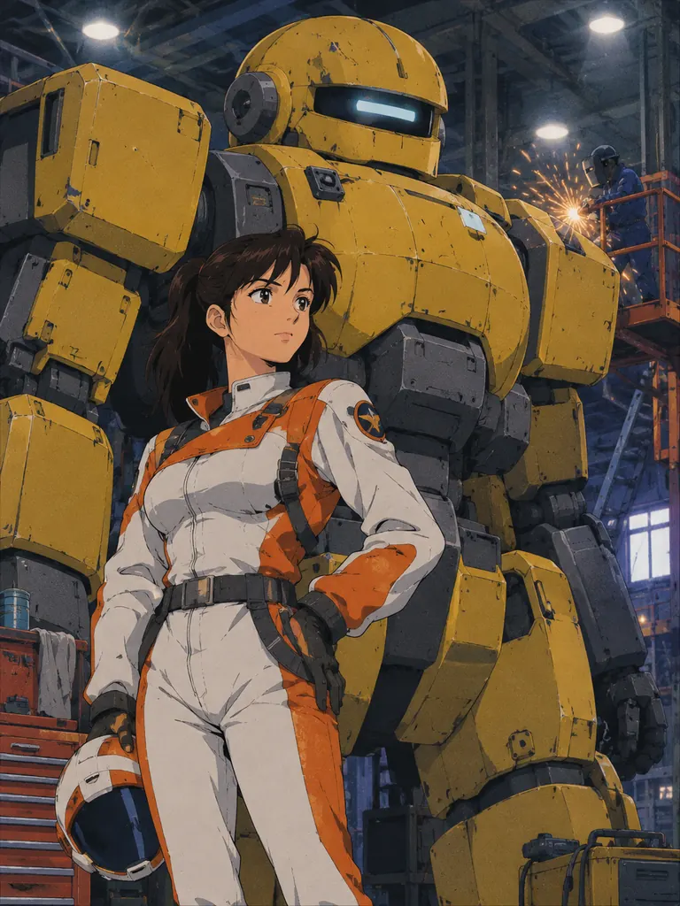 Retro 1990s-style anime illustration of an adult pilot in front of a giant robot in a hangar
