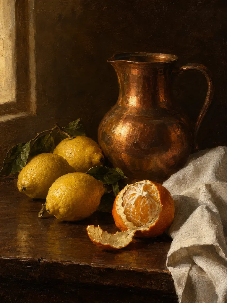 Oil painting still life of a copper jug, lemons and a half-peeled orange on a dark table