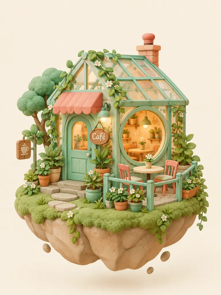 Clay-style 3D render of a tiny greenhouse café on a floating island in pastel colors