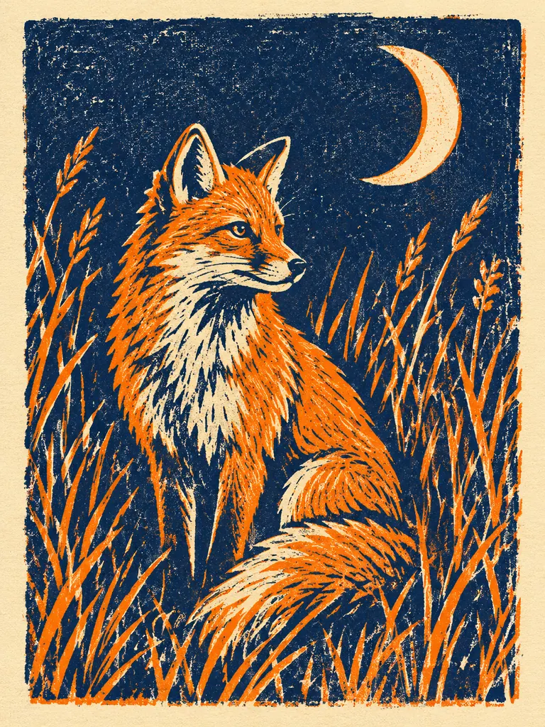 Two-color linocut print of a fox in tall grass under a crescent moon