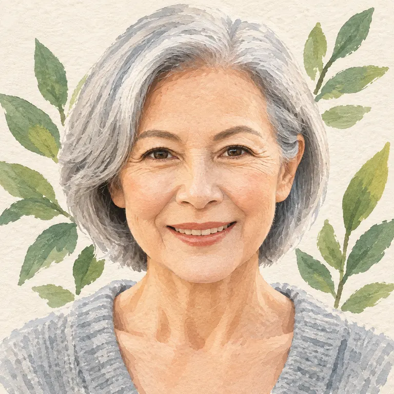 The same woman as a gouache illustration with painted leaves behind her