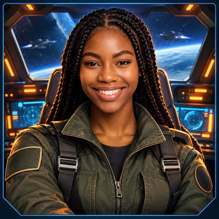 The same woman as a stylized sci-fi pilot game character in a flight jacket