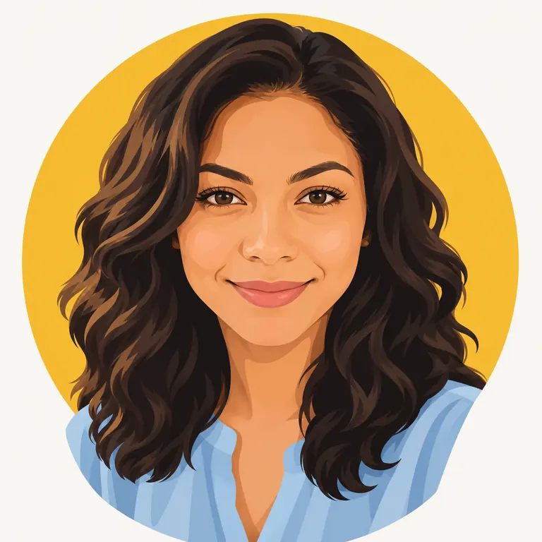 The same woman as a flat vector avatar on a mustard yellow circle