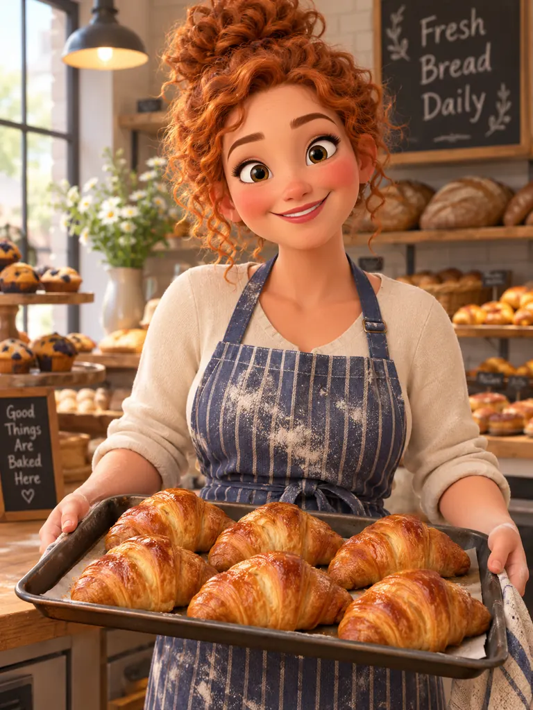 3D cartoon character of a smiling adult baker holding a tray of croissants in a cozy bakery