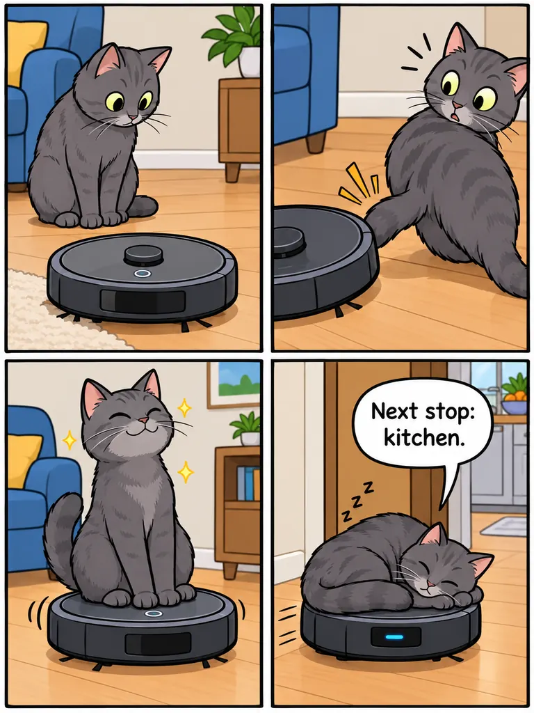 Four-panel cartoon comic strip of a gray cat riding a robot vacuum, with a speech bubble in the last panel