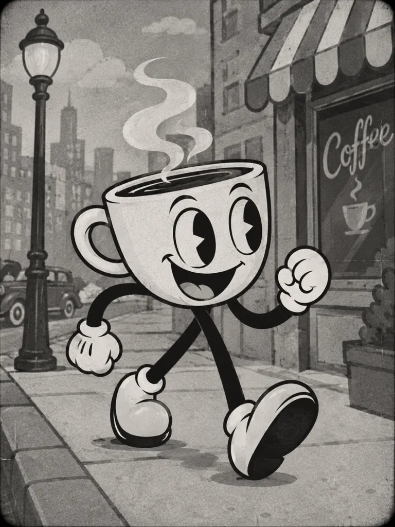 Black and white 1930s rubber-hose style cartoon of a walking coffee cup character with white gloves