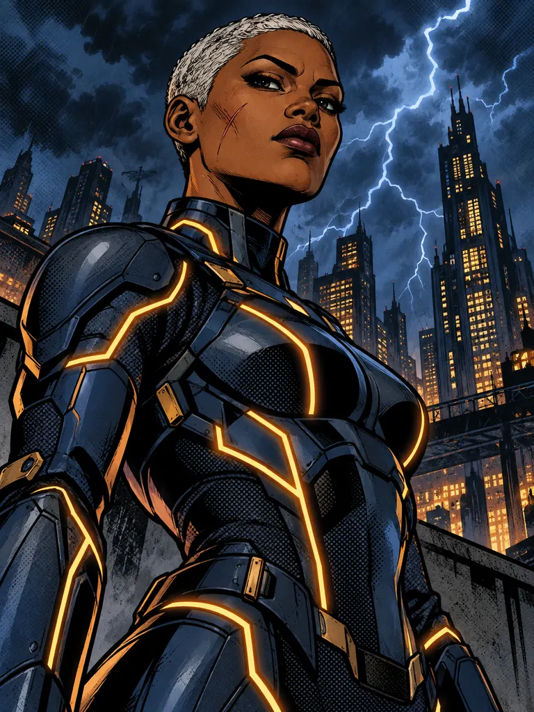 Comic book portrait of an original heroine with a silver buzz cut in blue armor with amber seams