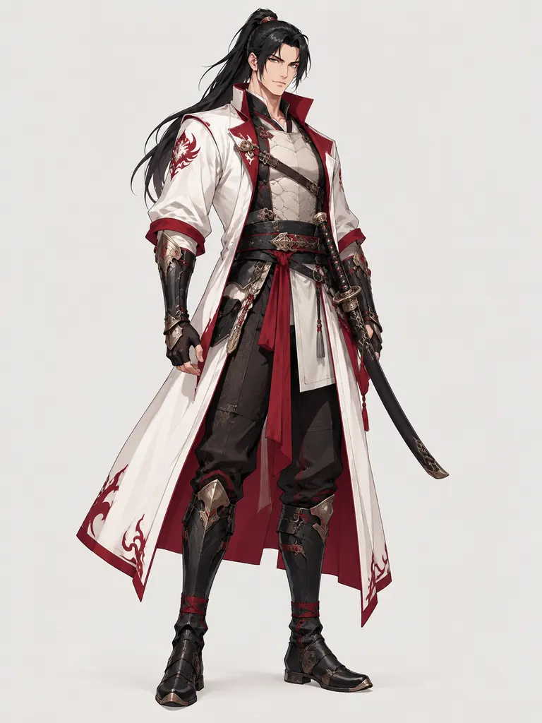 Anime-style full-body art of an original swordsman in a white and crimson coat with a curved sword
