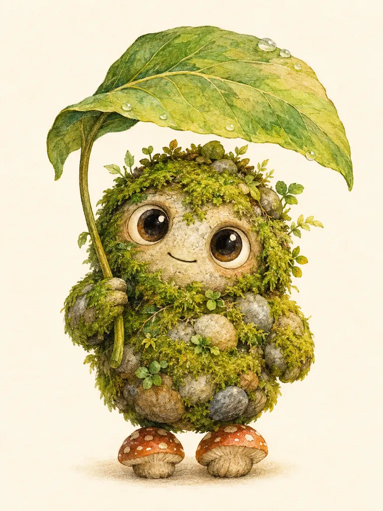 Watercolor storybook character of a round moss and stone forest spirit holding a leaf umbrella