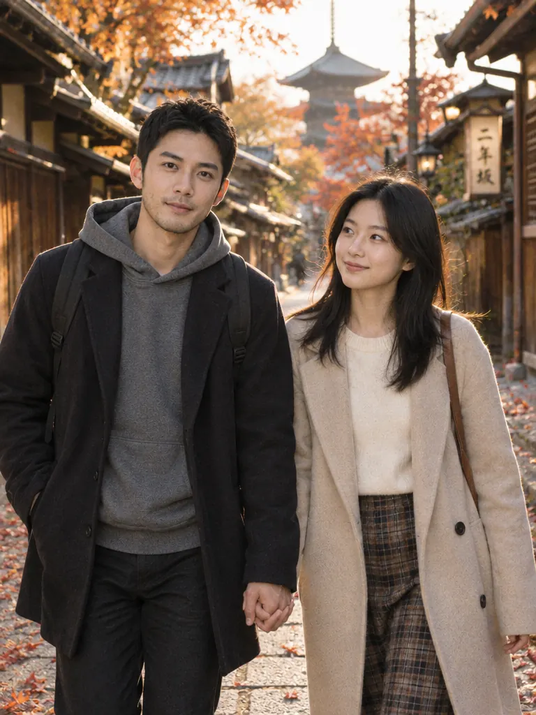 A couple from two separate photos walking hand in hand on an autumn street in Kyoto