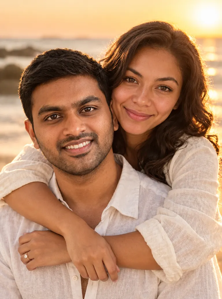 Engagement-style couple photo on a beach at sunset made from two single photos