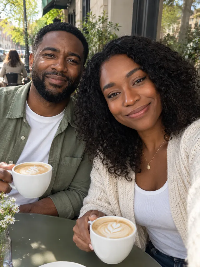 A couple from two separate photos laughing over lattes at a sidewalk cafe