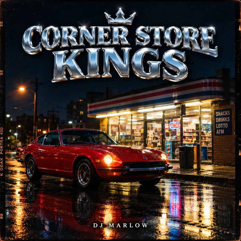 Hip-hop single cover titled Corner Store Kings with a red car outside a corner store at night